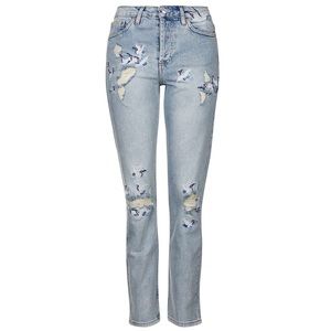 Topshop bird embroidered ripped jeans straight